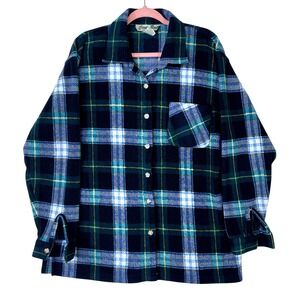 Cindy Bai Fleece Button Up Shirt Mens Large Blue Teal Plaid Long Sleeve Shacket
